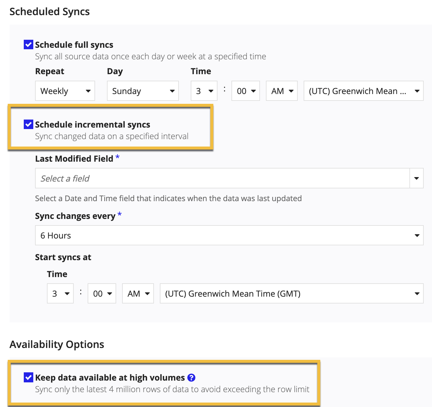 The Sync Options page of the record type, where the Schedule incremental sync checkbox is enabled and the Keep data available at high volumes checkbox is enabled.