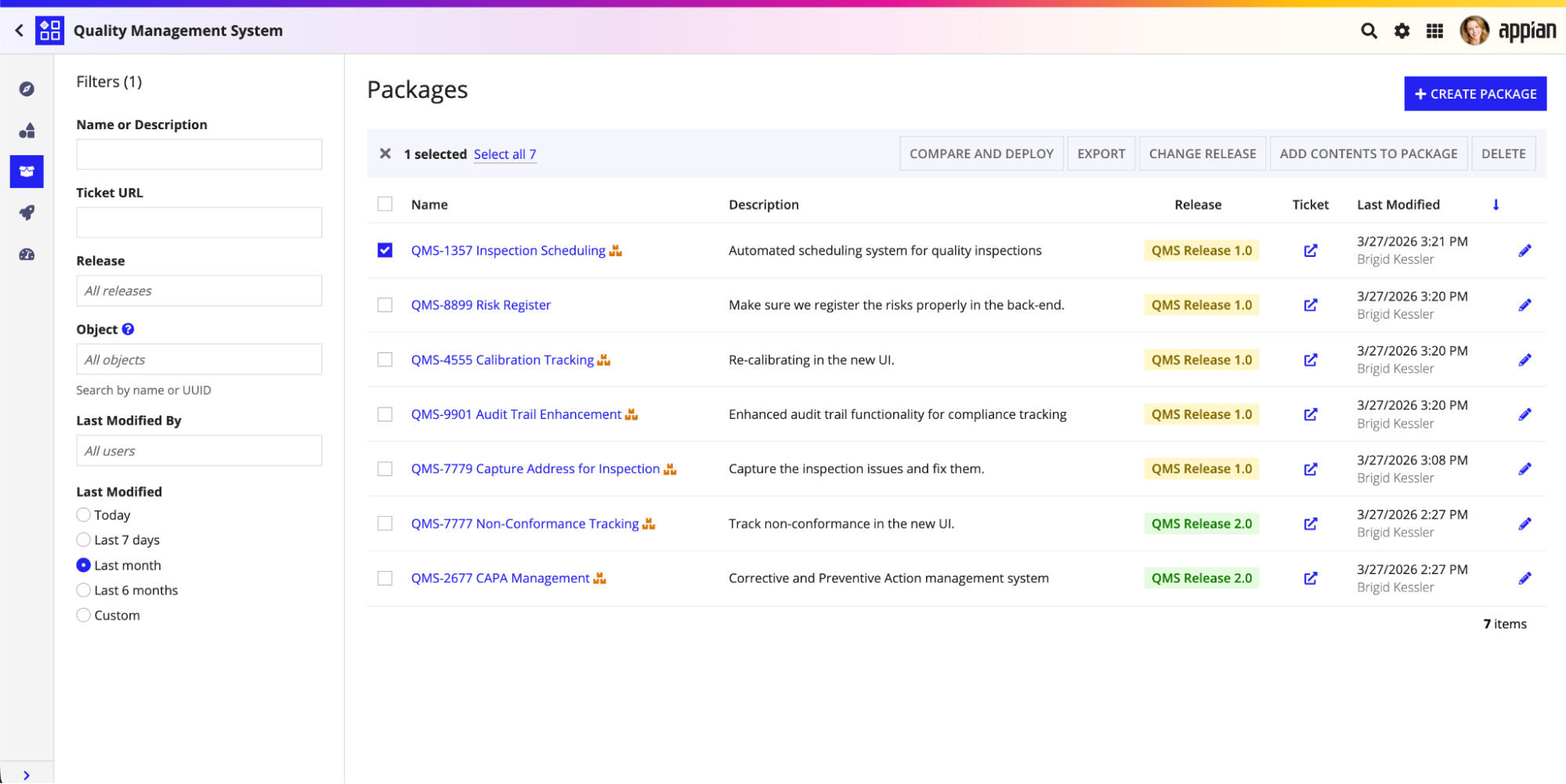The Packages view in Appian Designer.
