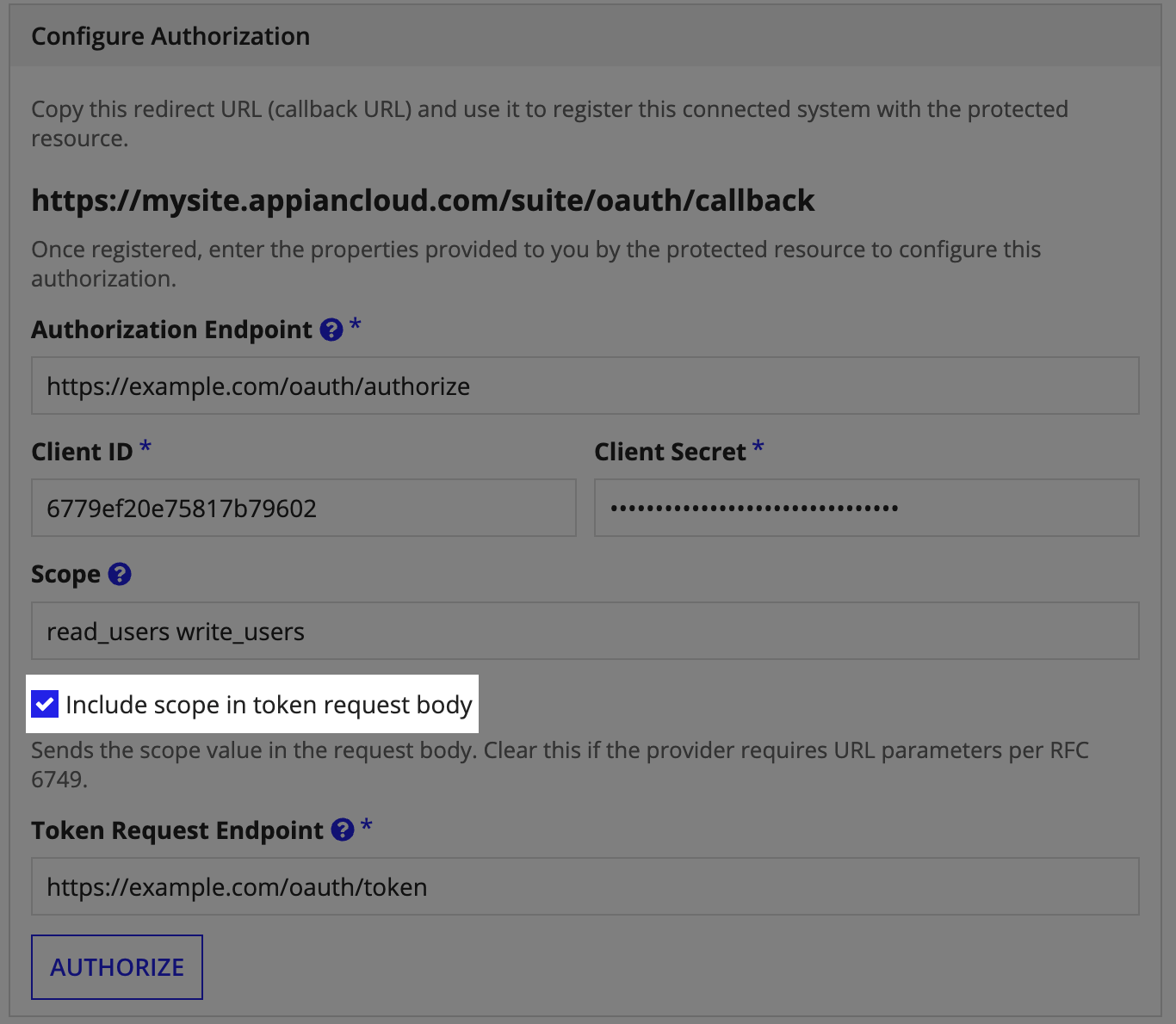 The HTTP connected system dialog with the new Include scope in token request body checkbox selected.