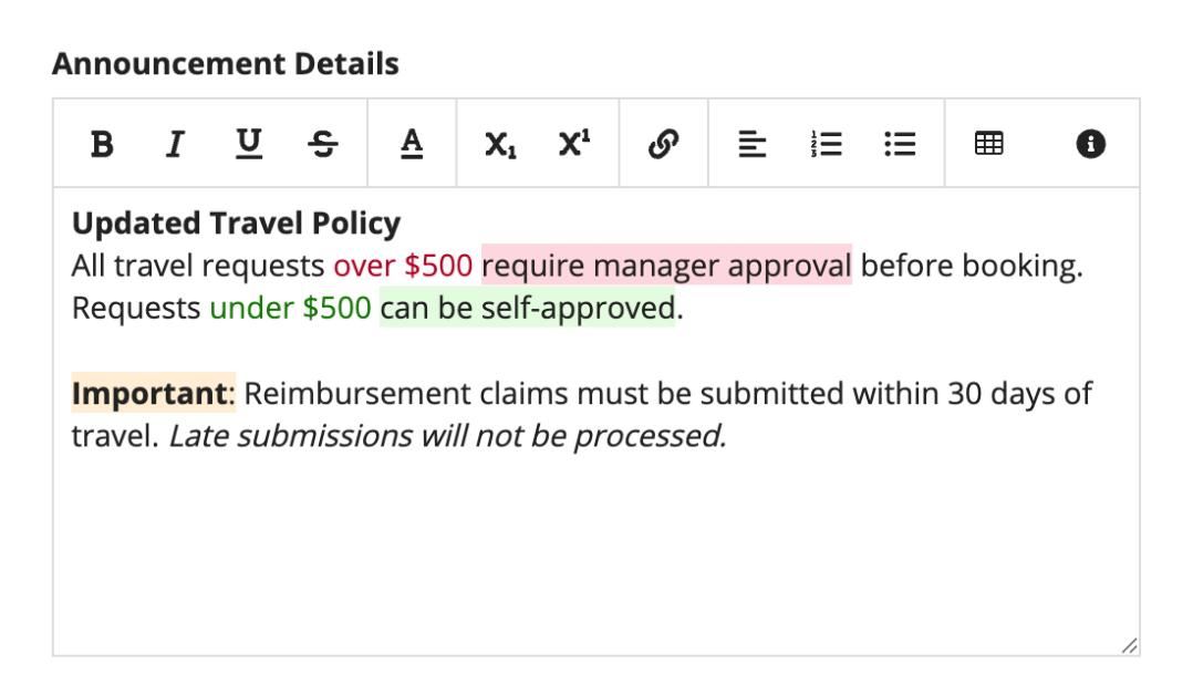A styled text editor that is used for Announcement Details. The text in the component displays words in red and green text, and other words highlighted in red, green, and yellow.