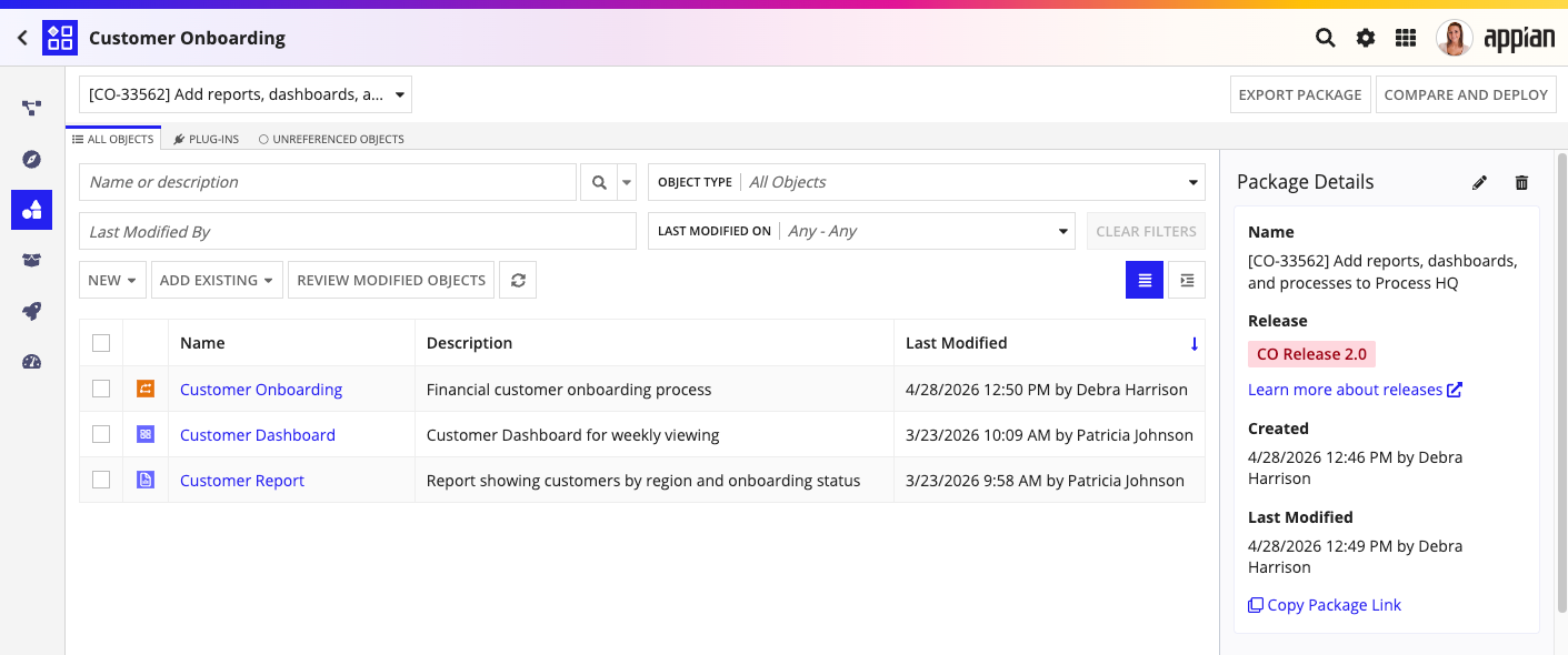 A package for the Customer Onboarding application that includes a business process object, a dashboard object, and a report object.