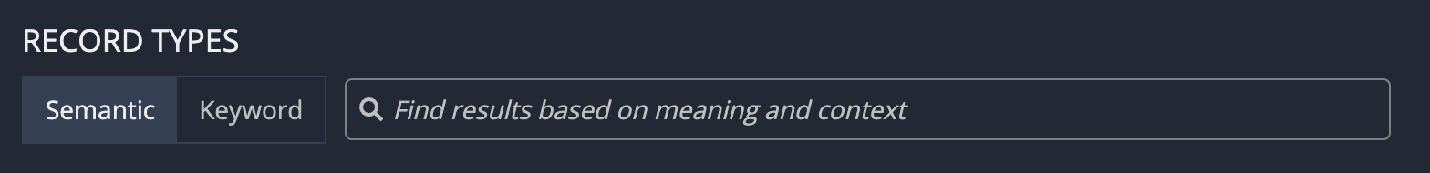 The new search bar available in the Data Governance page, where users can select Semantic or Keyword to choose which search method to apply.