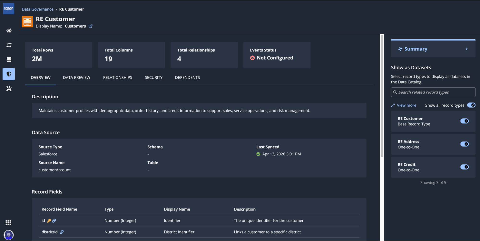 A Customer record type on the Data Governance page, showing the AI-generated summary and the option to show the record type as a dataset in the Data Catalog.