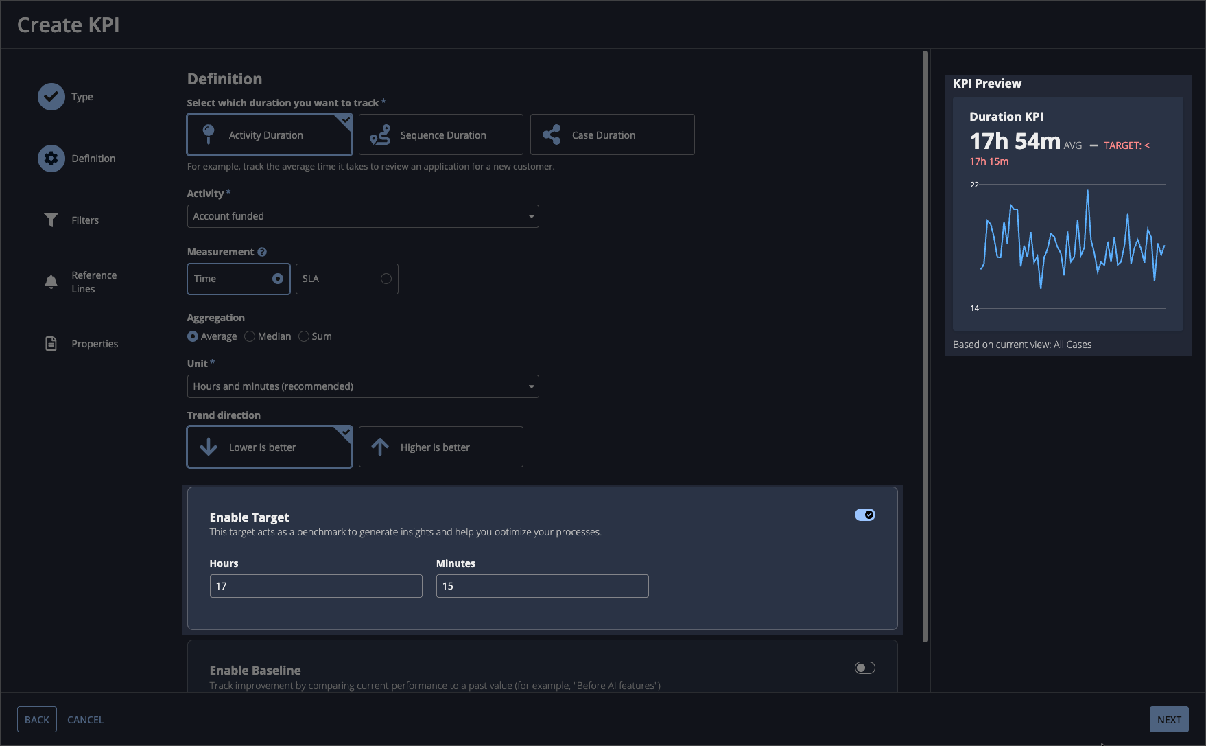 The Create KPI dialog where an Activity Duration KPI is being configured. The Enable Target section is highlighted to show its new configuration.