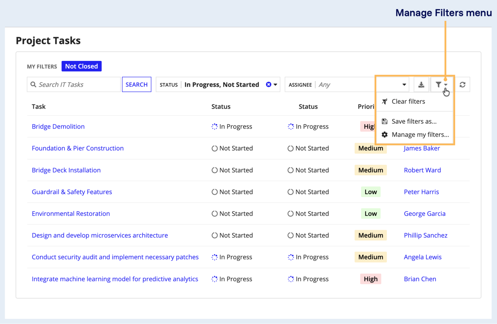 The showManageFiltersMenu parameter controlling when users can manage their own grid filters.