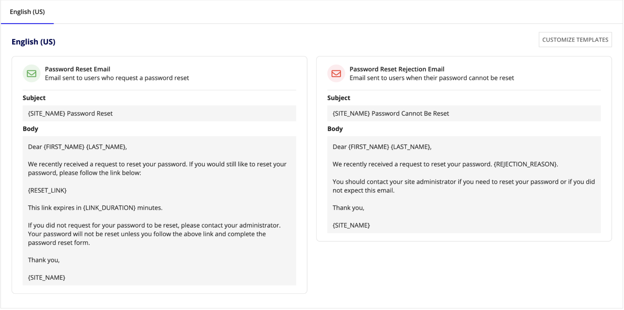 Customizing a Forgot Password email template in the Admin Console.