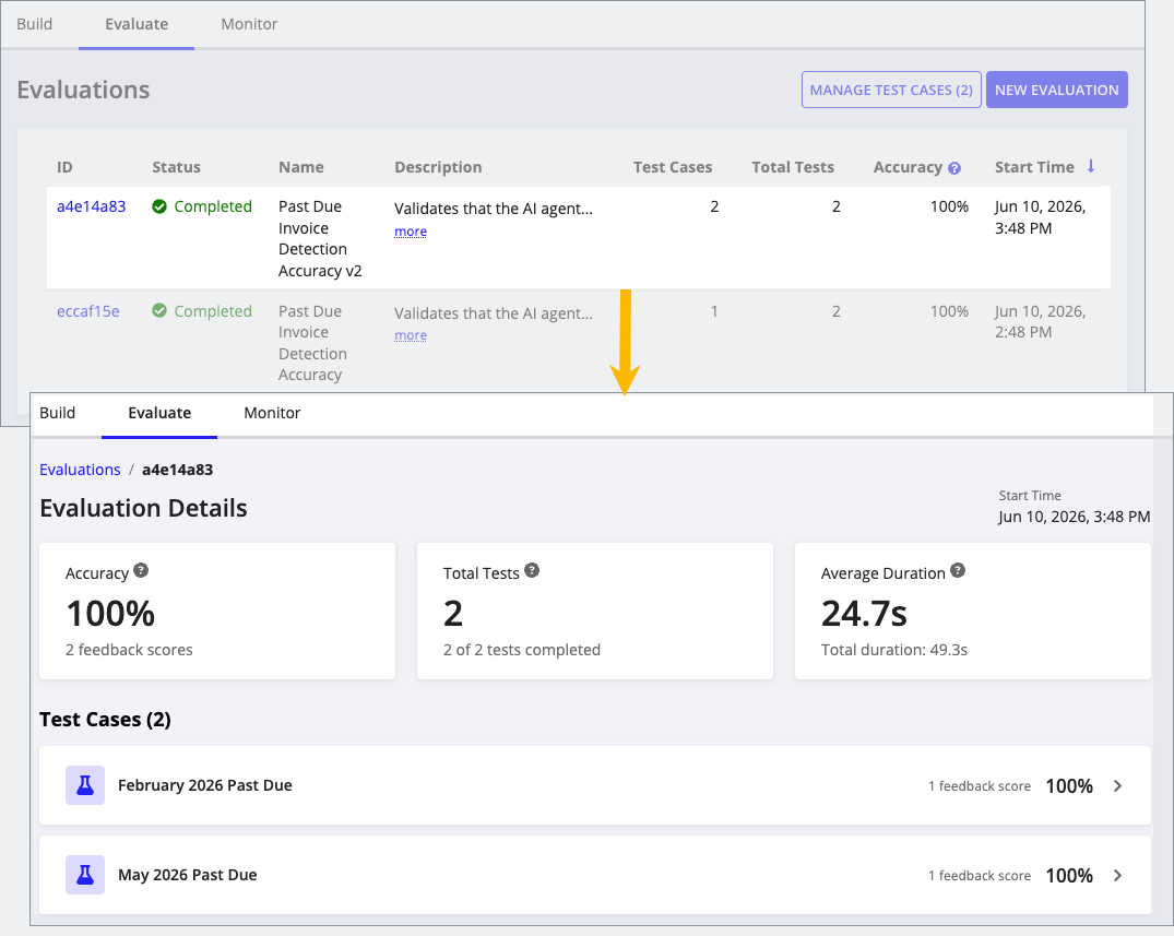 The Evaluate tab in the AI agent object showing managed test cases and bulk run results.