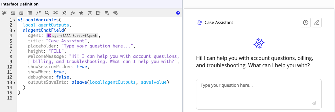 An a!agentChatField component providing a chat interface between an AI agent and users.