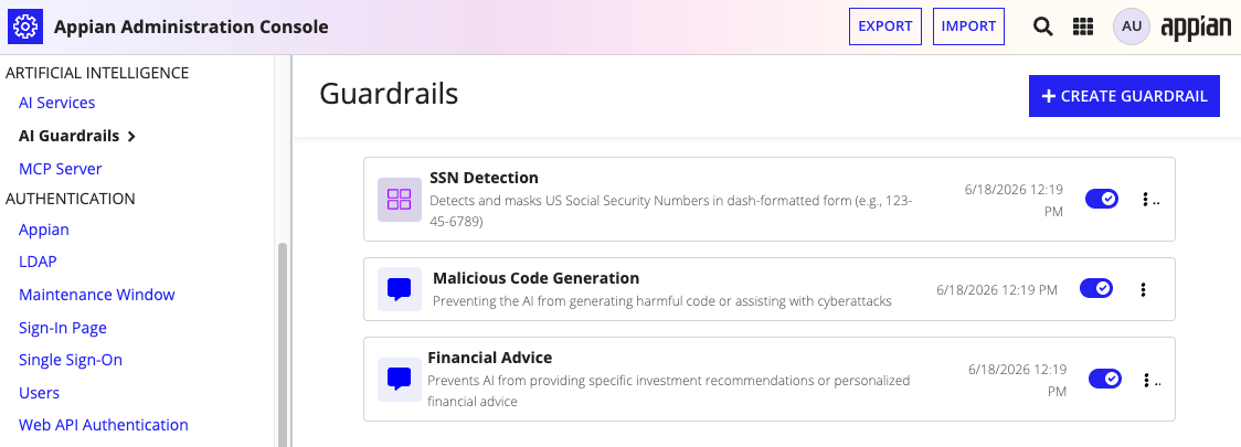 The AI Guardrails tab of the Admin Console where environment-wide AI protections are managed.