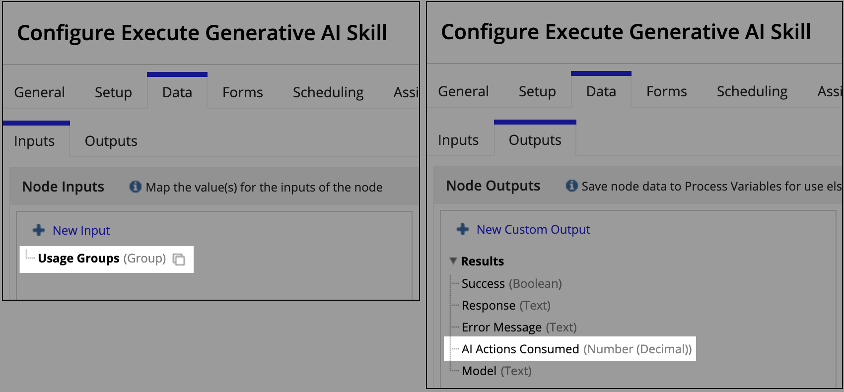 The Execute Generative AI Skill smart service showing the AI Actions Consumed output.