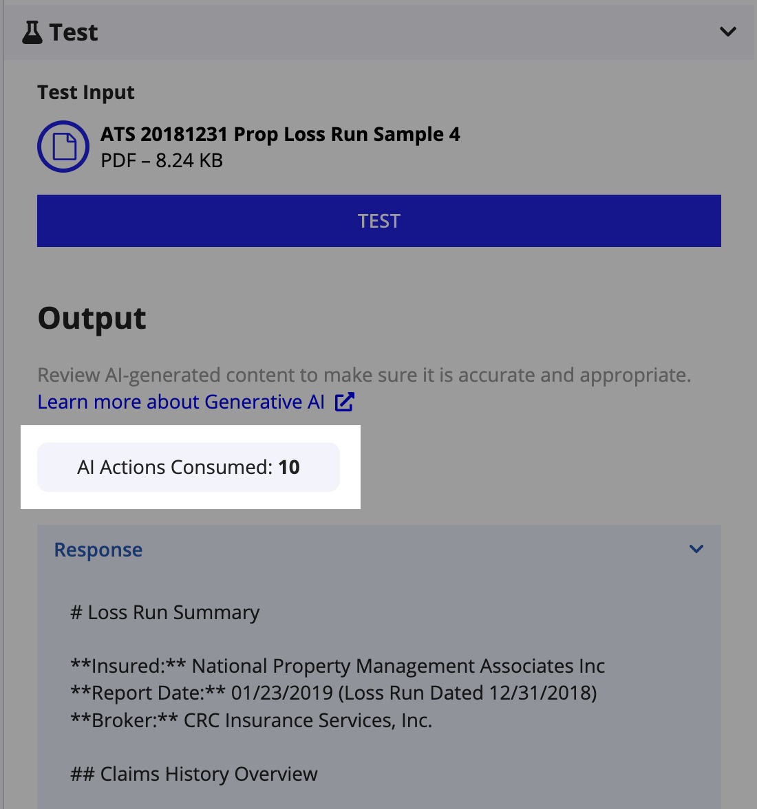 The AI Skill test panel displaying AI Actions Consumed during development.