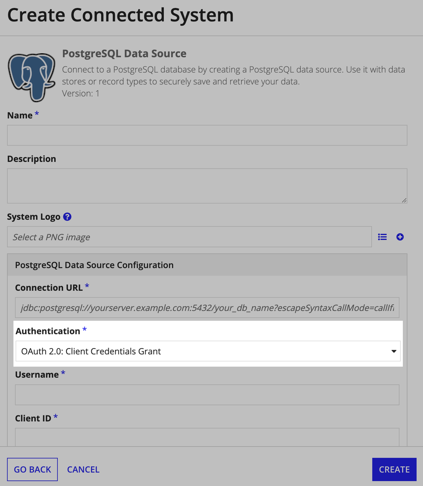 Configuring OAuth 2.0 Client Credentials Grant authentication for a PostgreSQL connection.