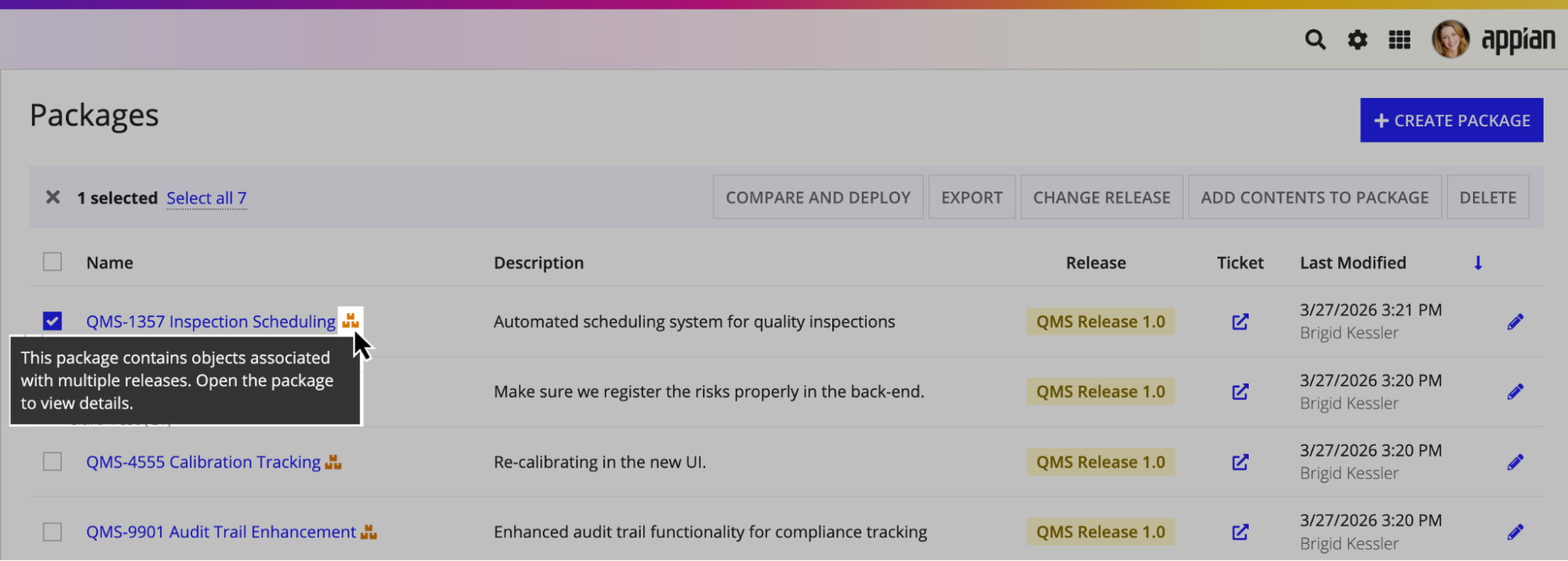 A release overlap alert, which highlights objects shared between multiple active releases.