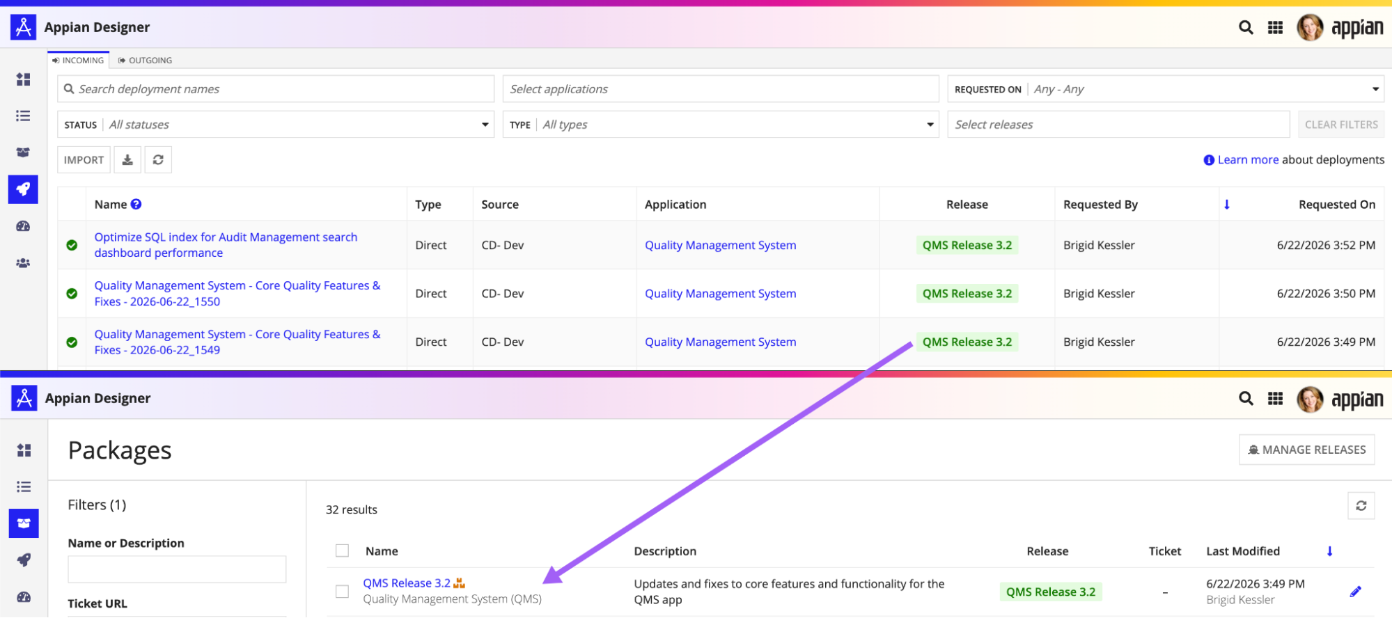 A generated package for a release automatically showing up in the Packages view of the target environment after deployment.
