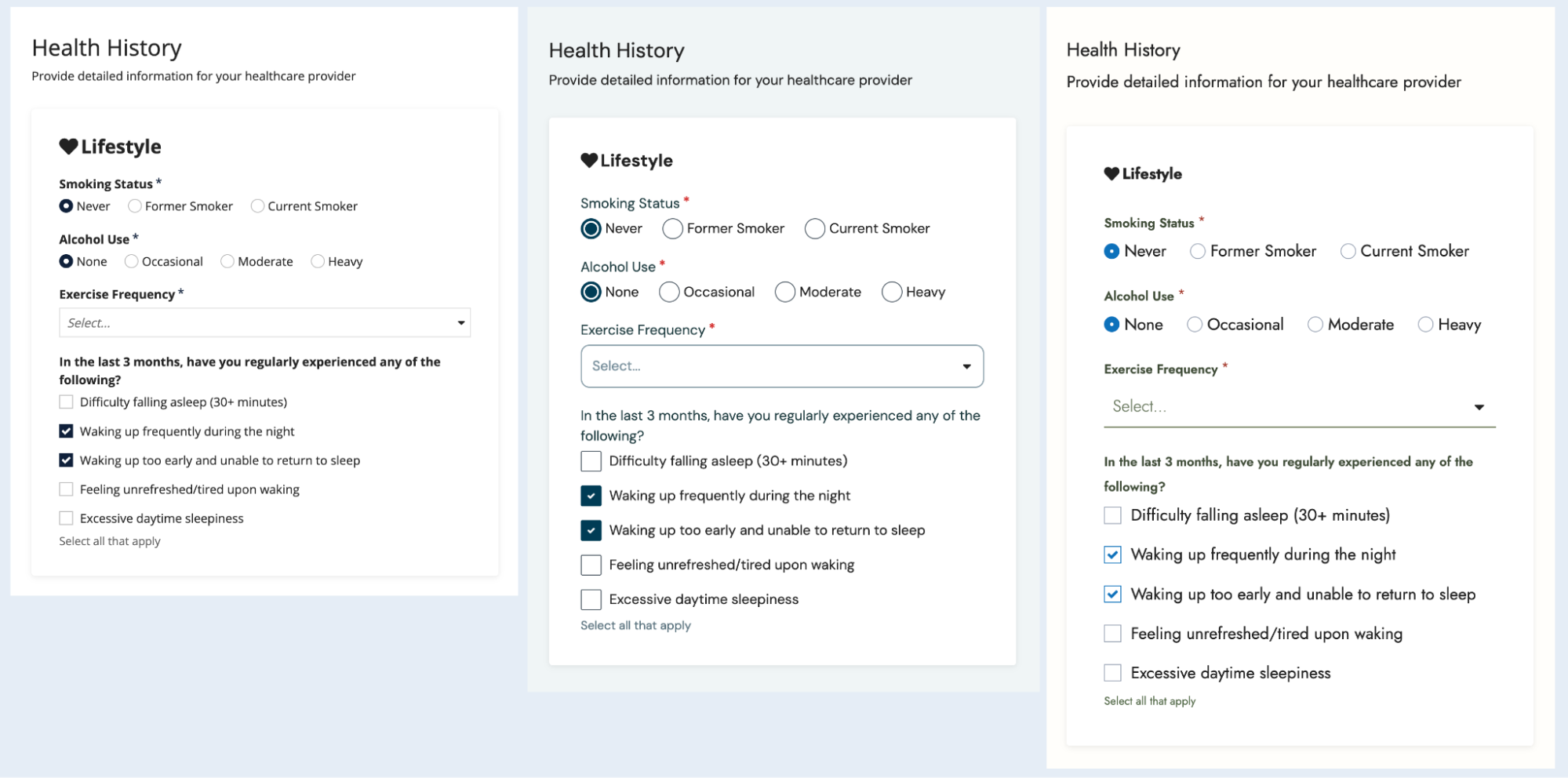 Shows different ways to use CSS profile properties to control the look of radio buttons, checkboxes, and card and box shadows.
