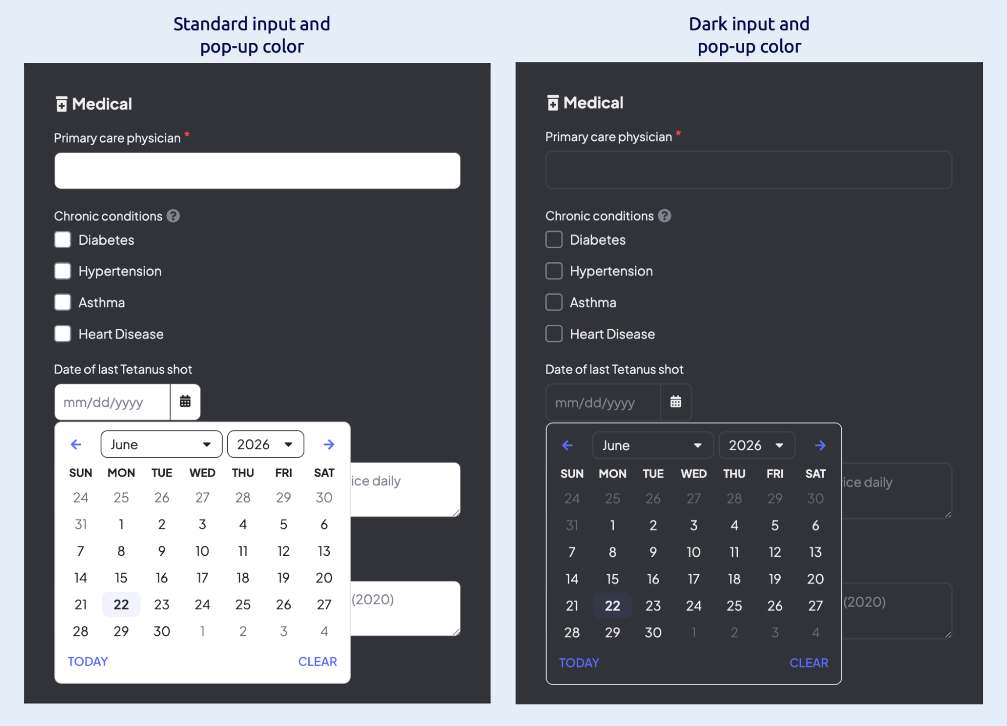 Shows different ways to configure a UI using CSS profile properties, like customizing input and pop-up menu background colors, placeholder text, and border colors.