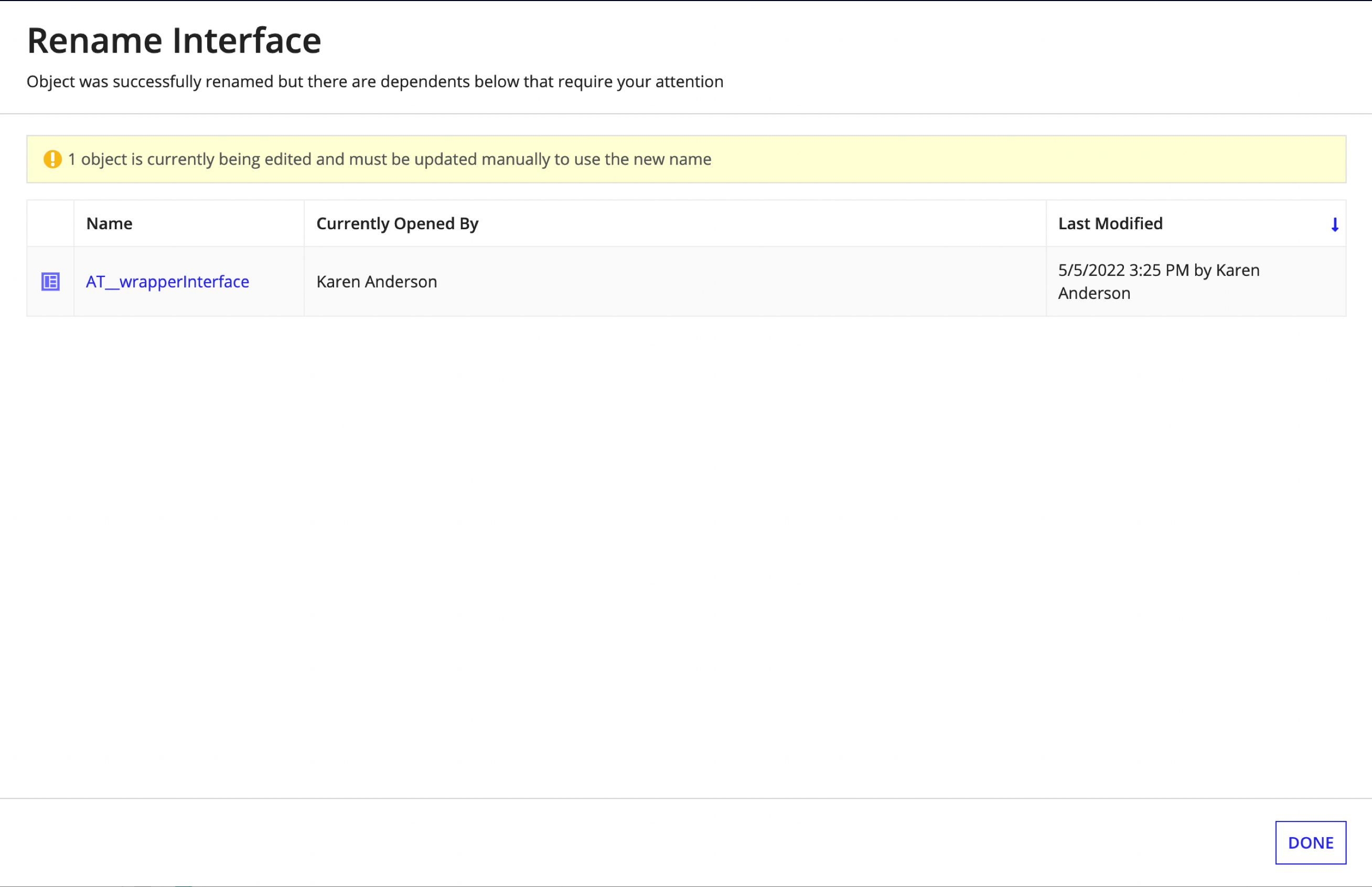 screenshot of a warning that this object has dependents