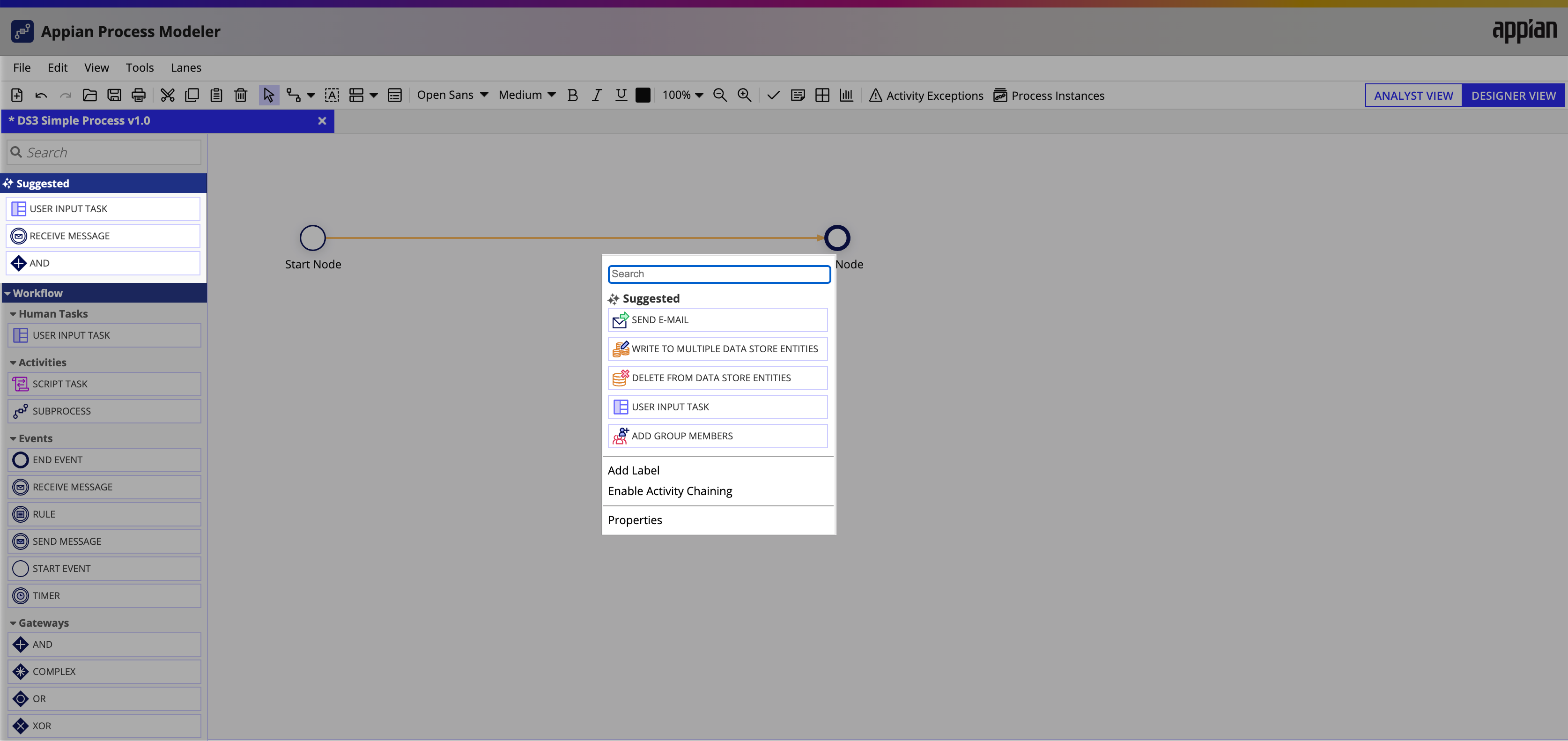 screenshot of suggested nodes smart service palette and popup