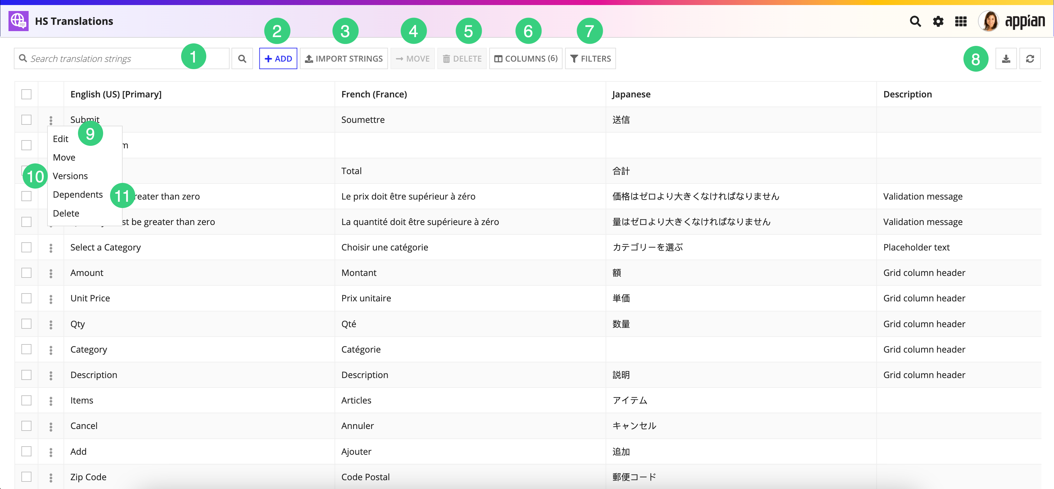 annotated screenshot of the translation set object to show the following actions