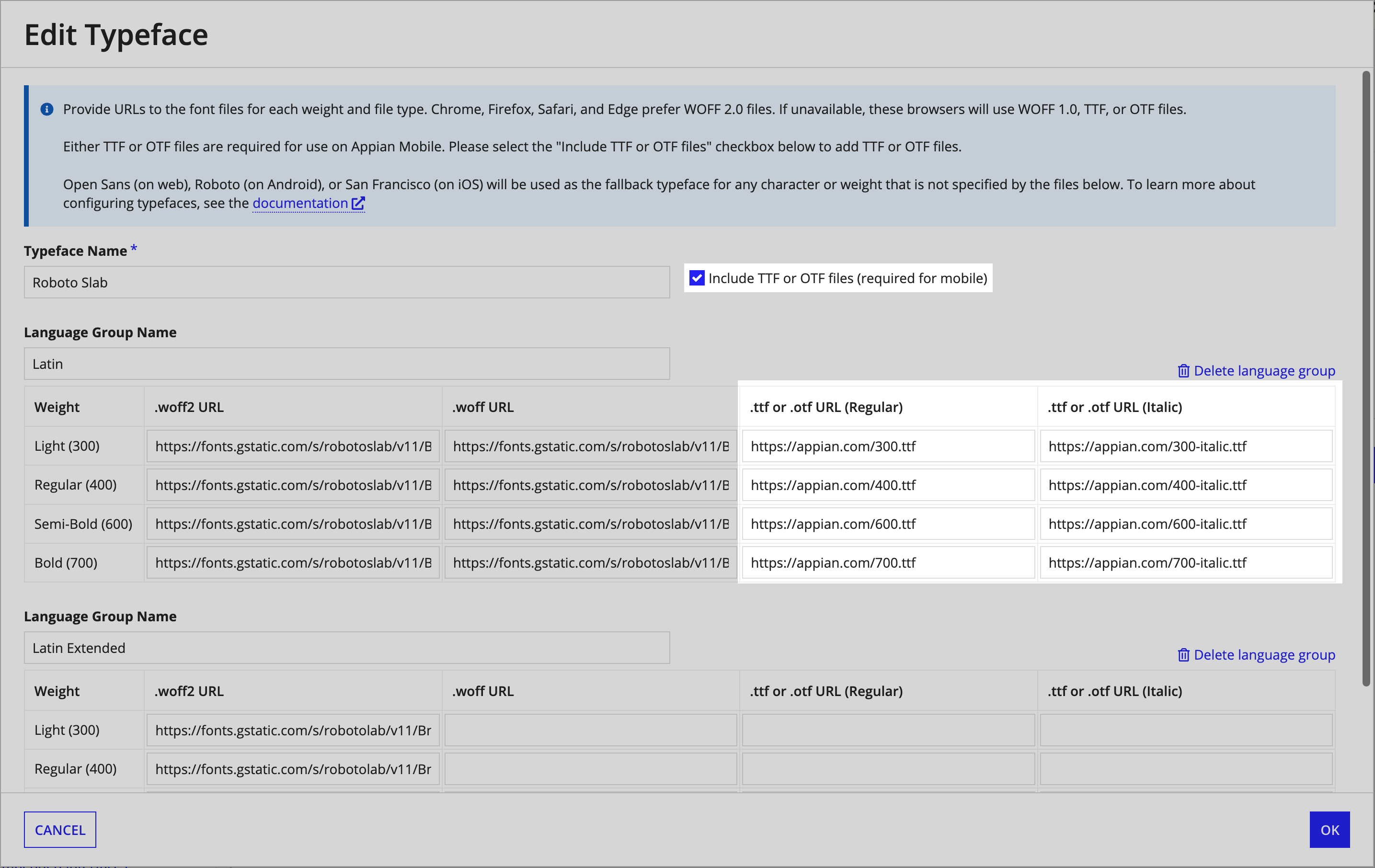screenshot of adding the mobile font files into the Add Typeface dialog
