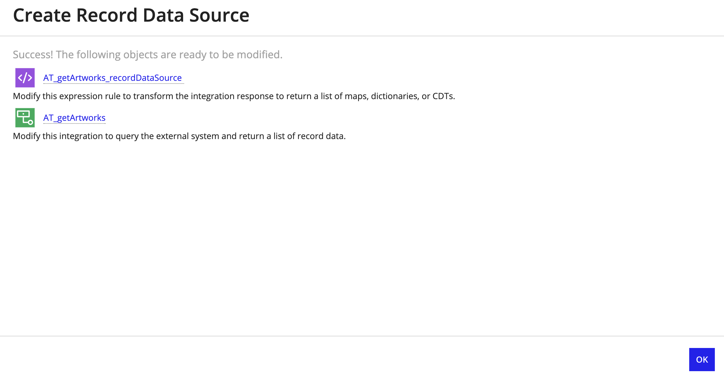 Created record data source objects