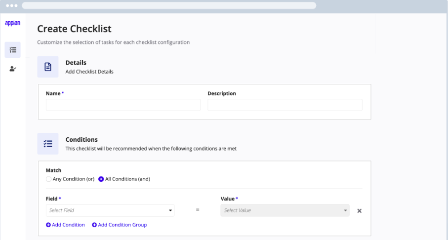 Example of a form to create a new checklist