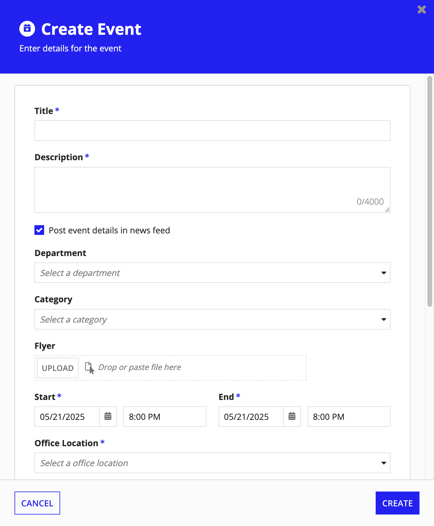 Example of a form dialog with fields that collect information required to create a company event
