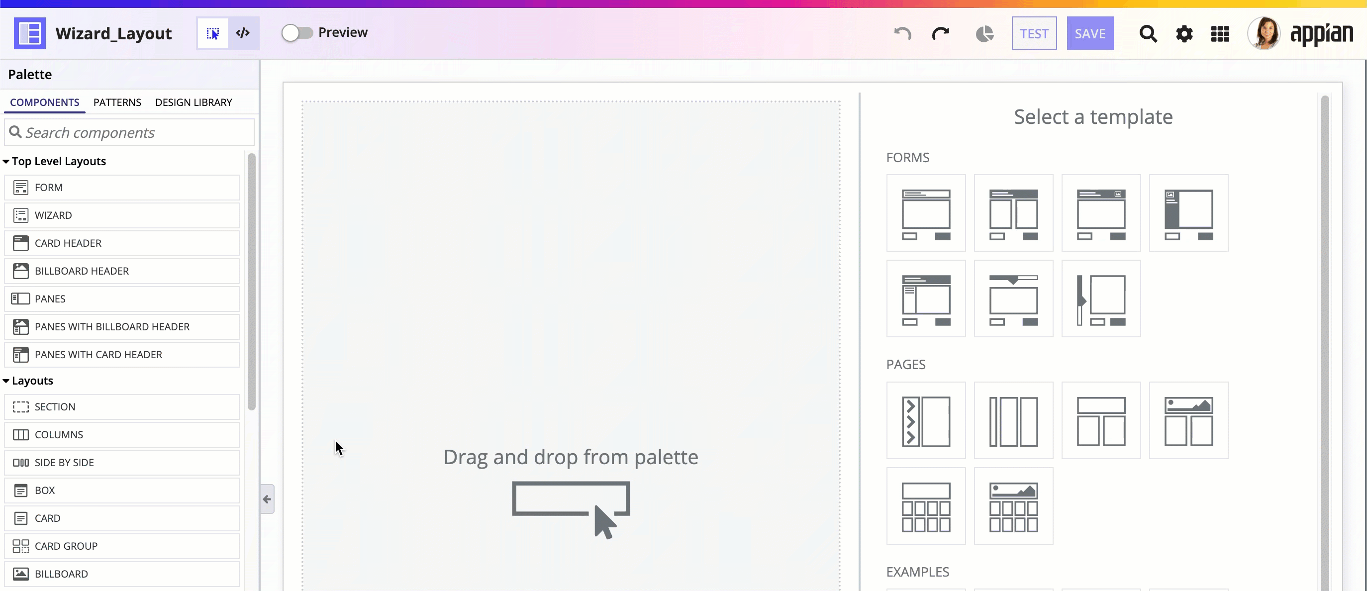 gif of a user dragging a wizard layout into their interface from the component palette