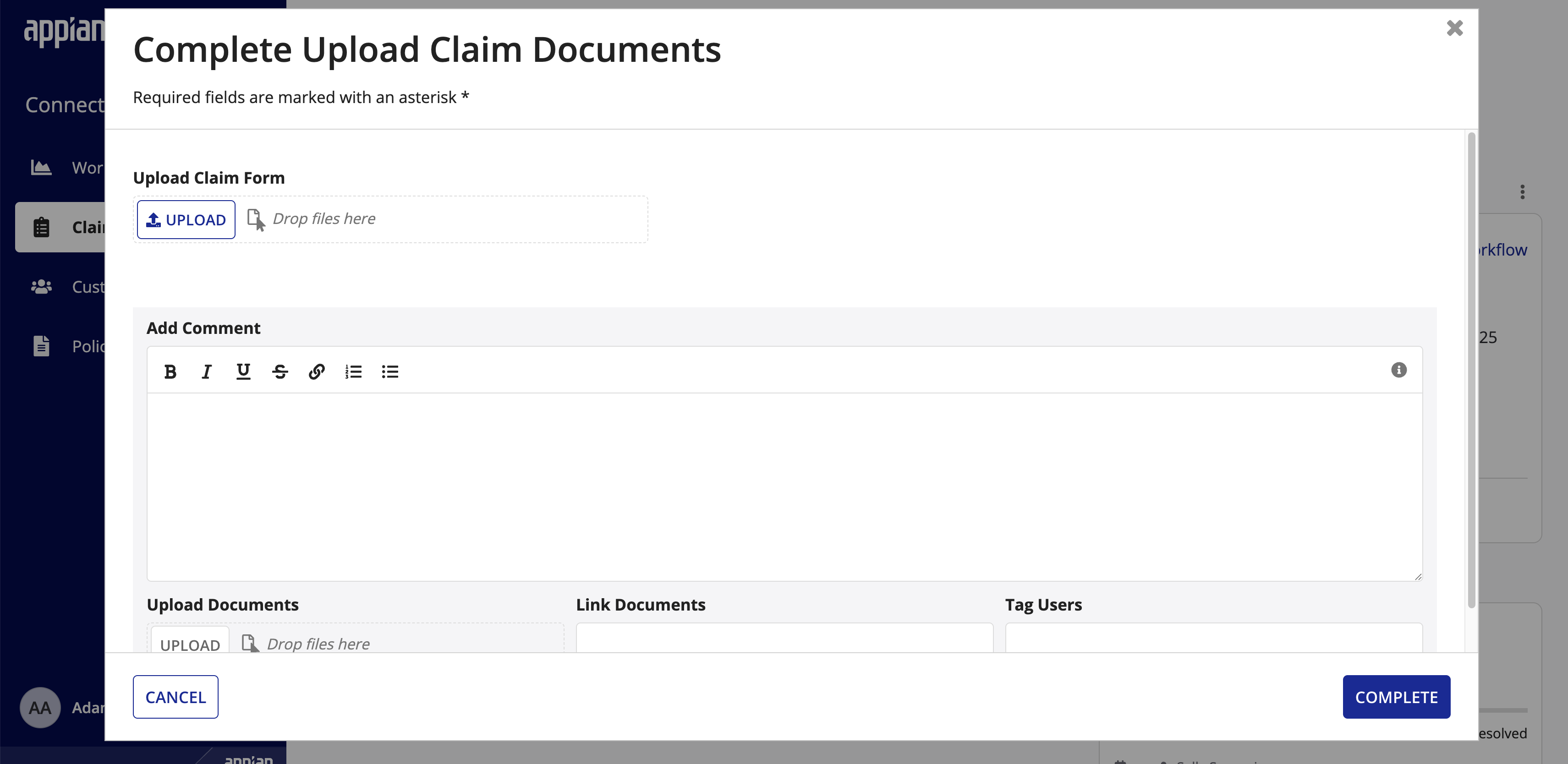 Task form for the document upload task type
