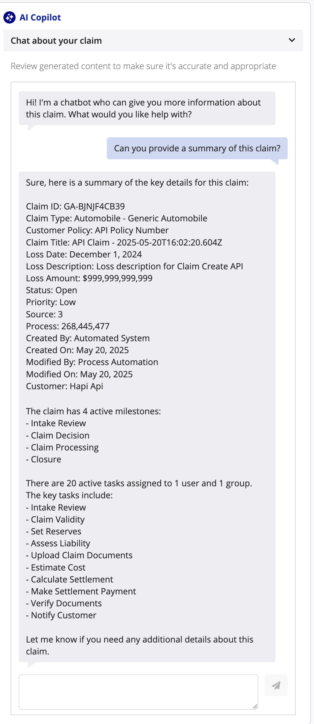 Chatbot providing a claim summary in response to a prompt