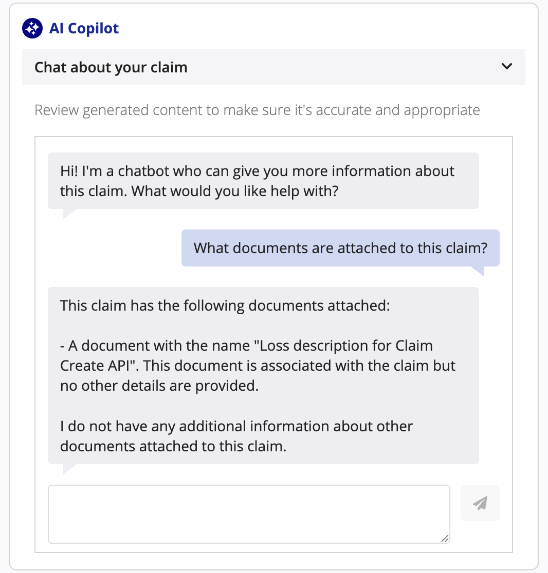 Chatbot listing available claim documents in response to a prompt