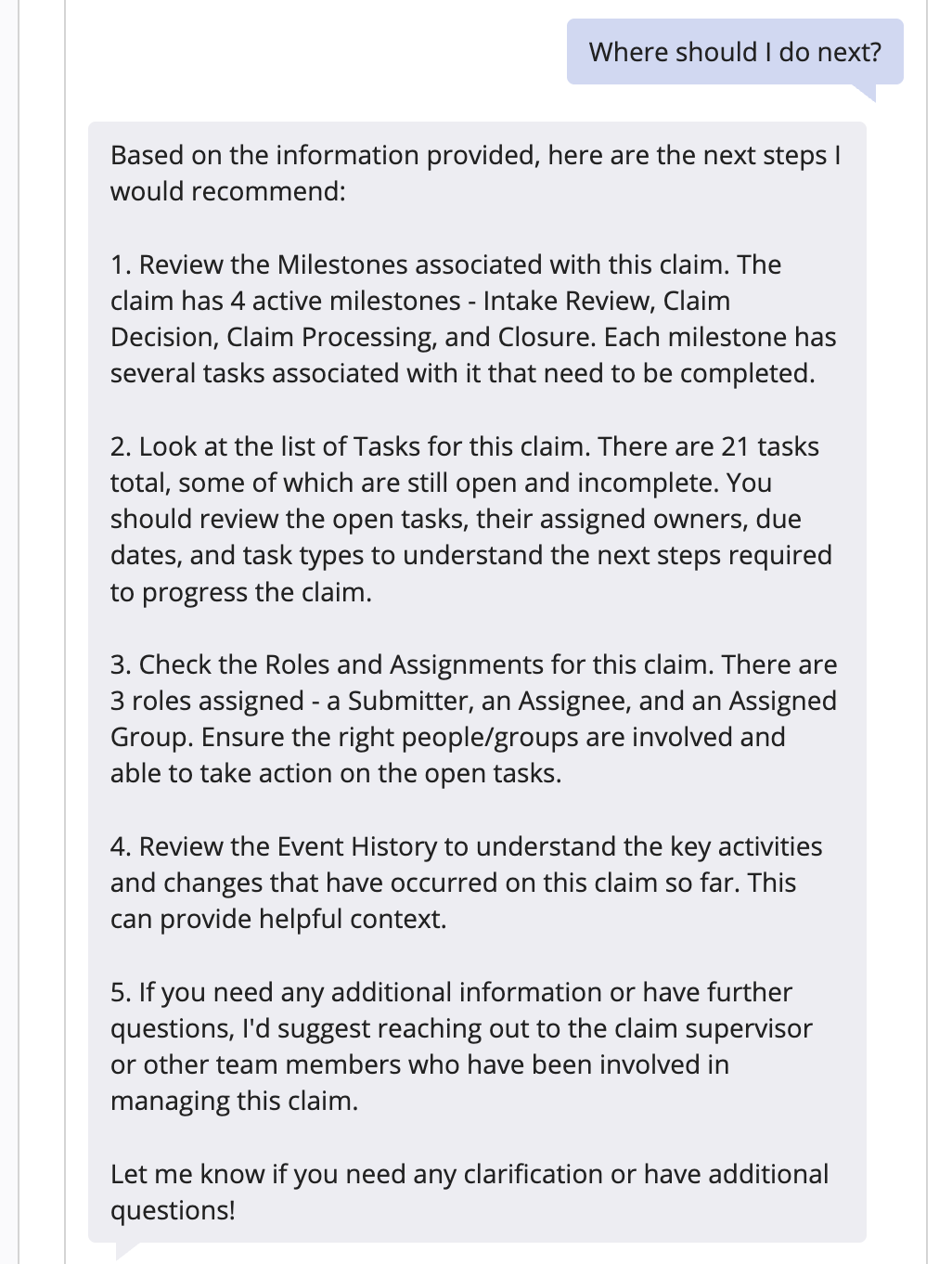 Chatbot suggesting next steps for the claim