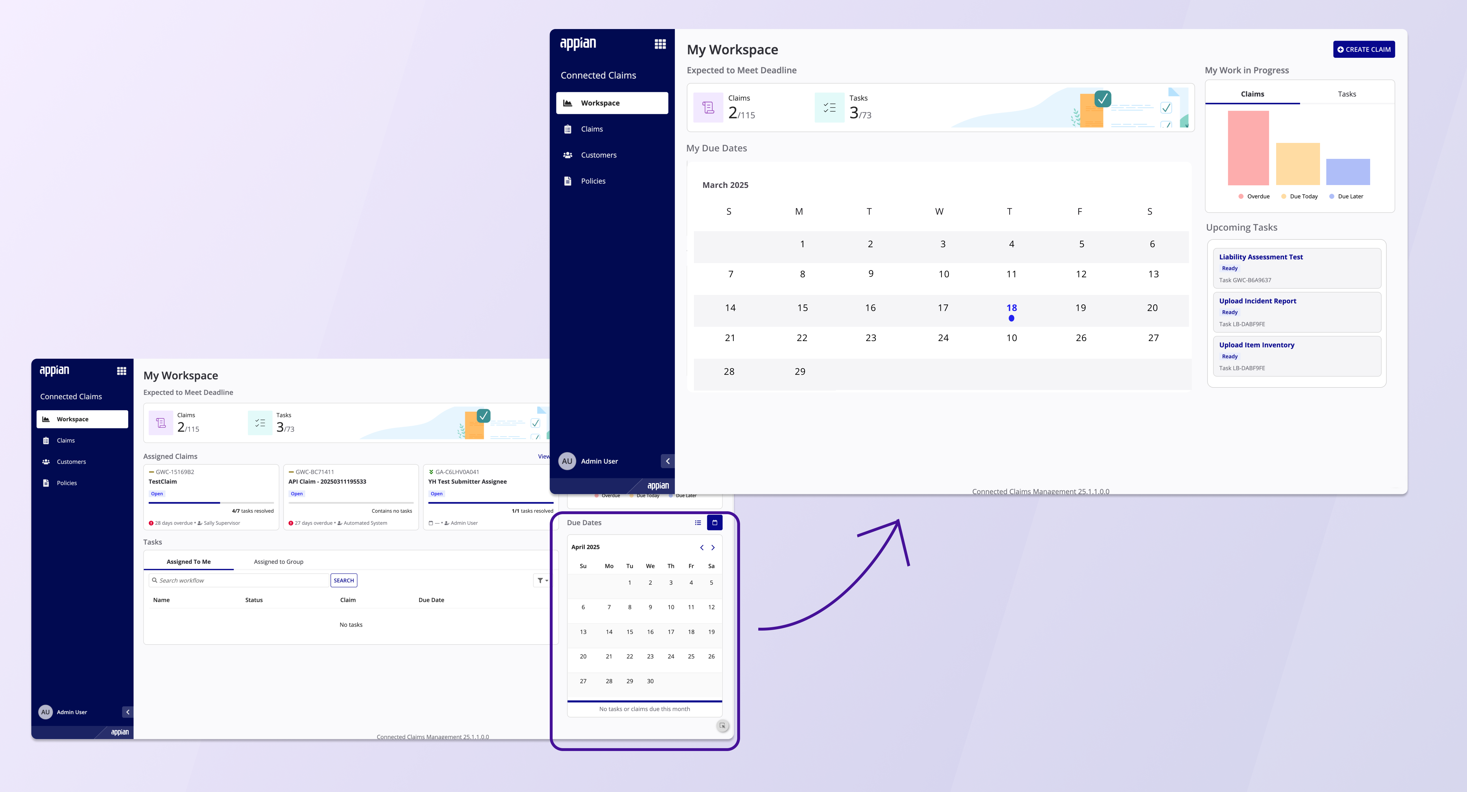 A screenshot of Workspace with the calendar view enlarged and put in the center of the UI