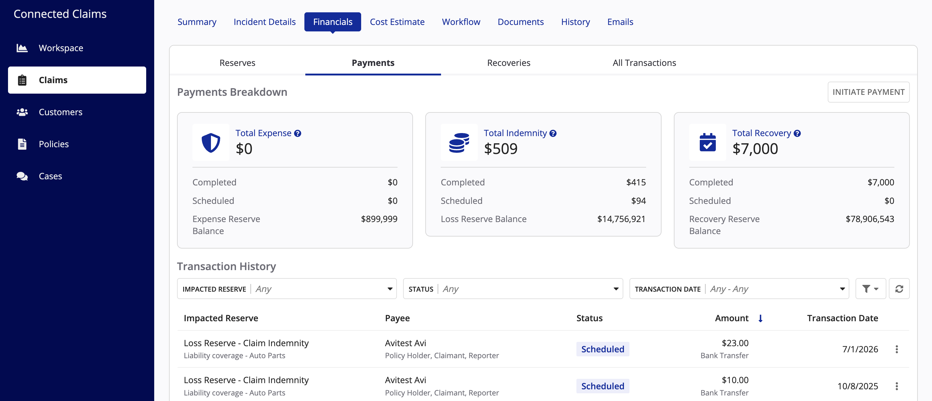 Connected Claims: Reserve and recovery management dashboard