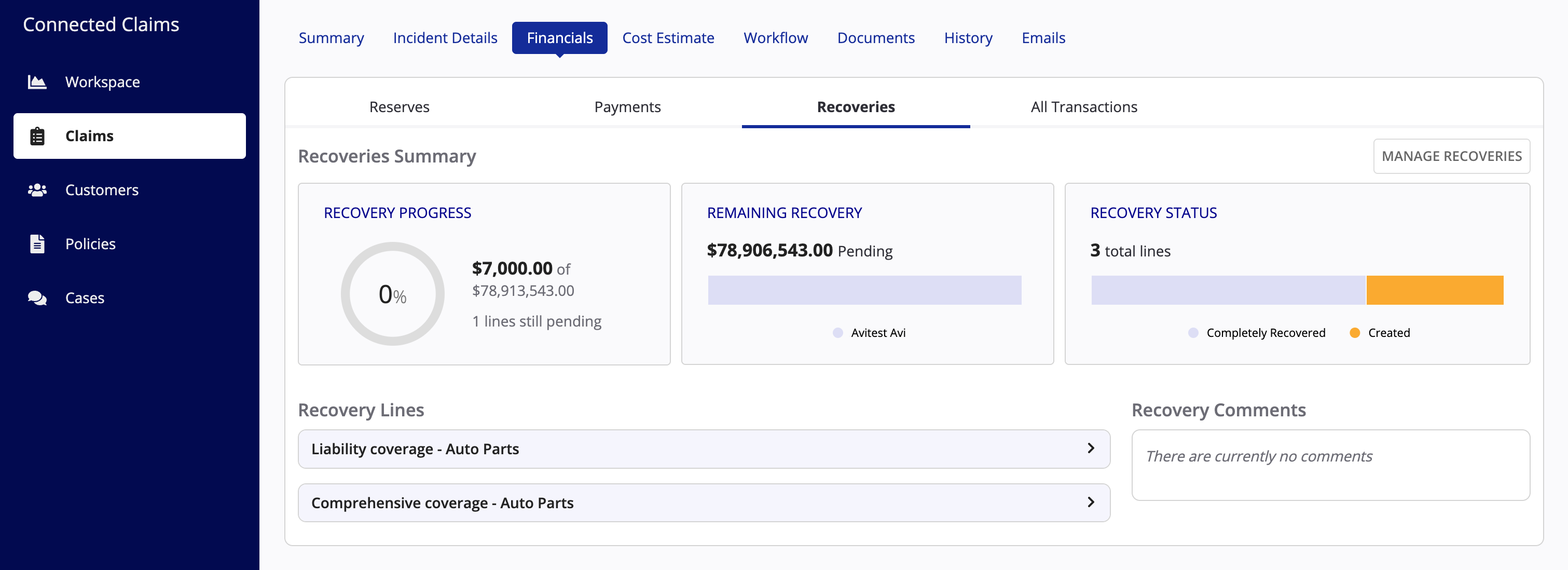 Connected Claims: Reserve and recovery management dashboard