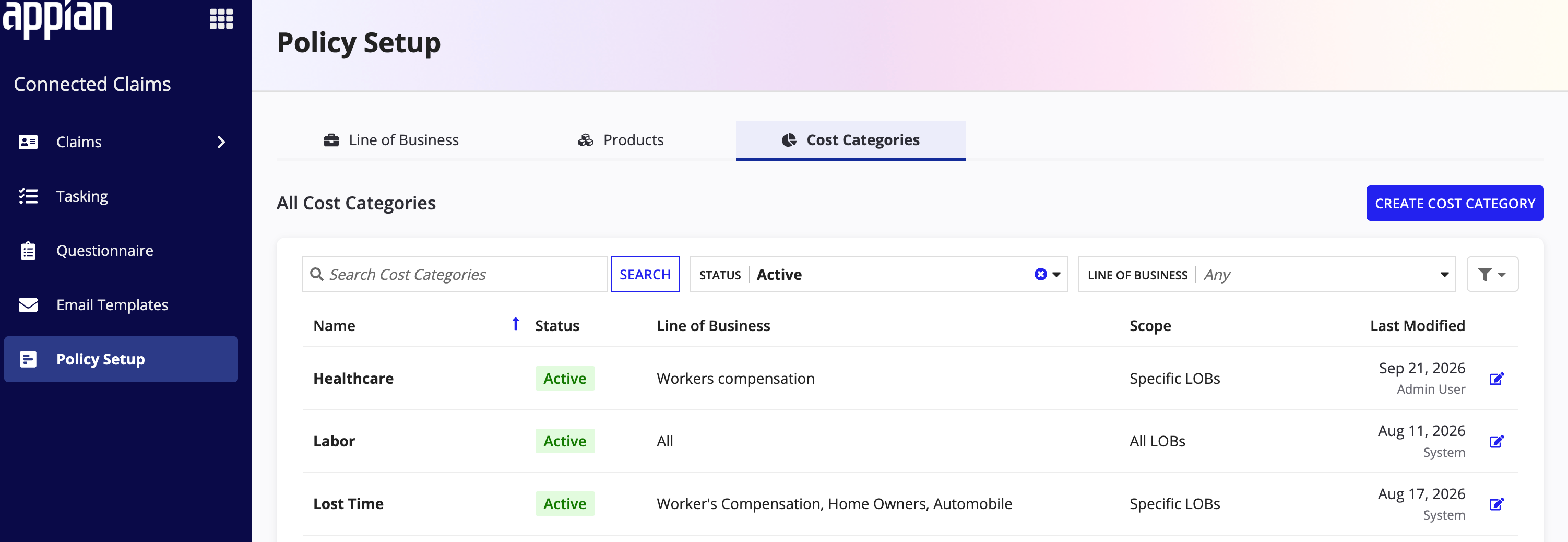 The Cost Categories tab in Policy Setup, listing each cost category with its status, line of business, and scope