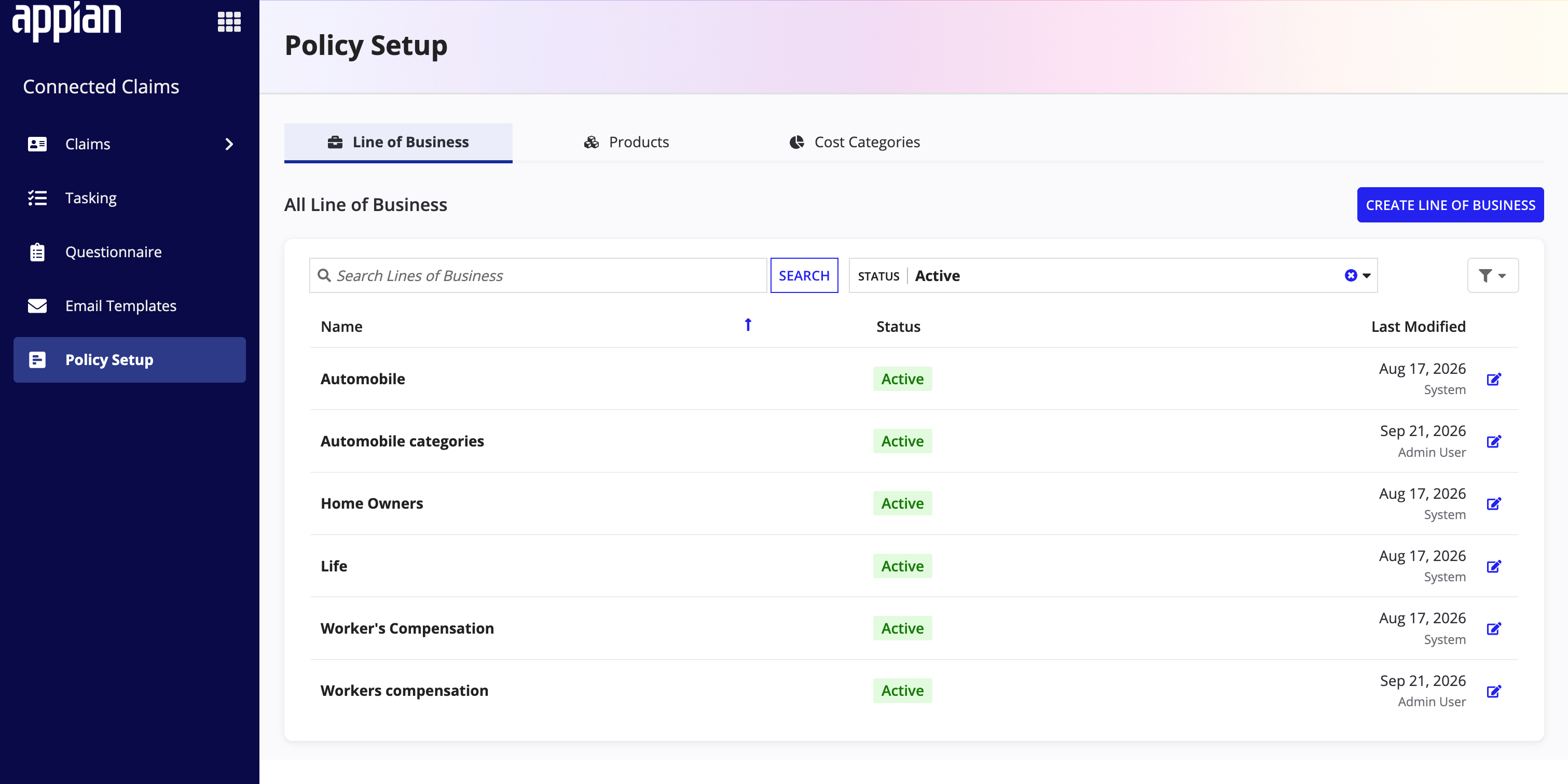 The Line of Business tab in Policy Setup, listing each line of business with its status and last modified date