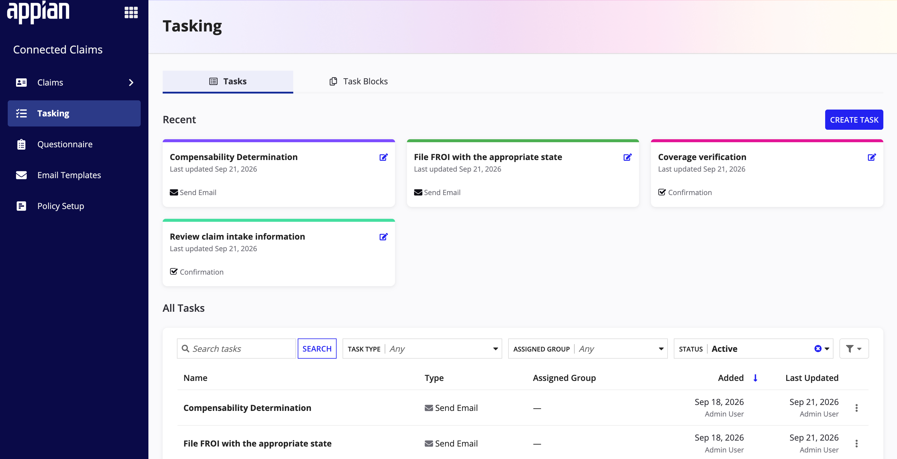 The Tasks tab in Tasking, showing the recently updated tasks and the All Tasks list with each task's type and assigned group