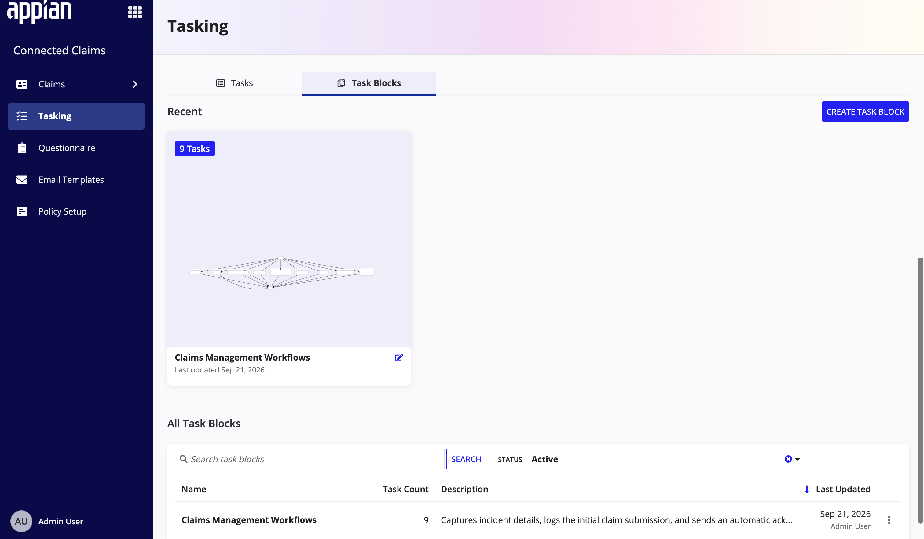 The Task Blocks tab in Tasking, showing each task block with the number of tasks it contains and its description