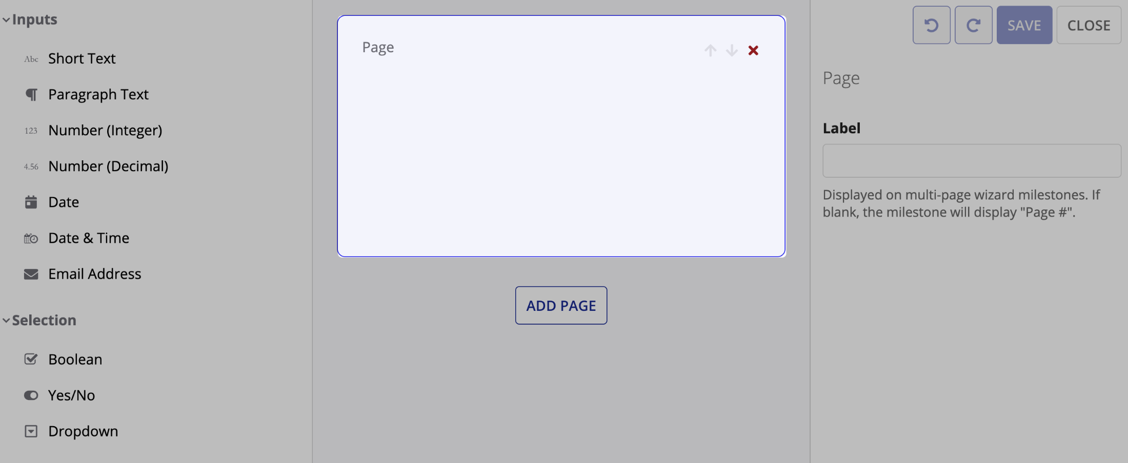 The form builder, showing the component palette on the left, a Page element in the center, and the Page properties on the right