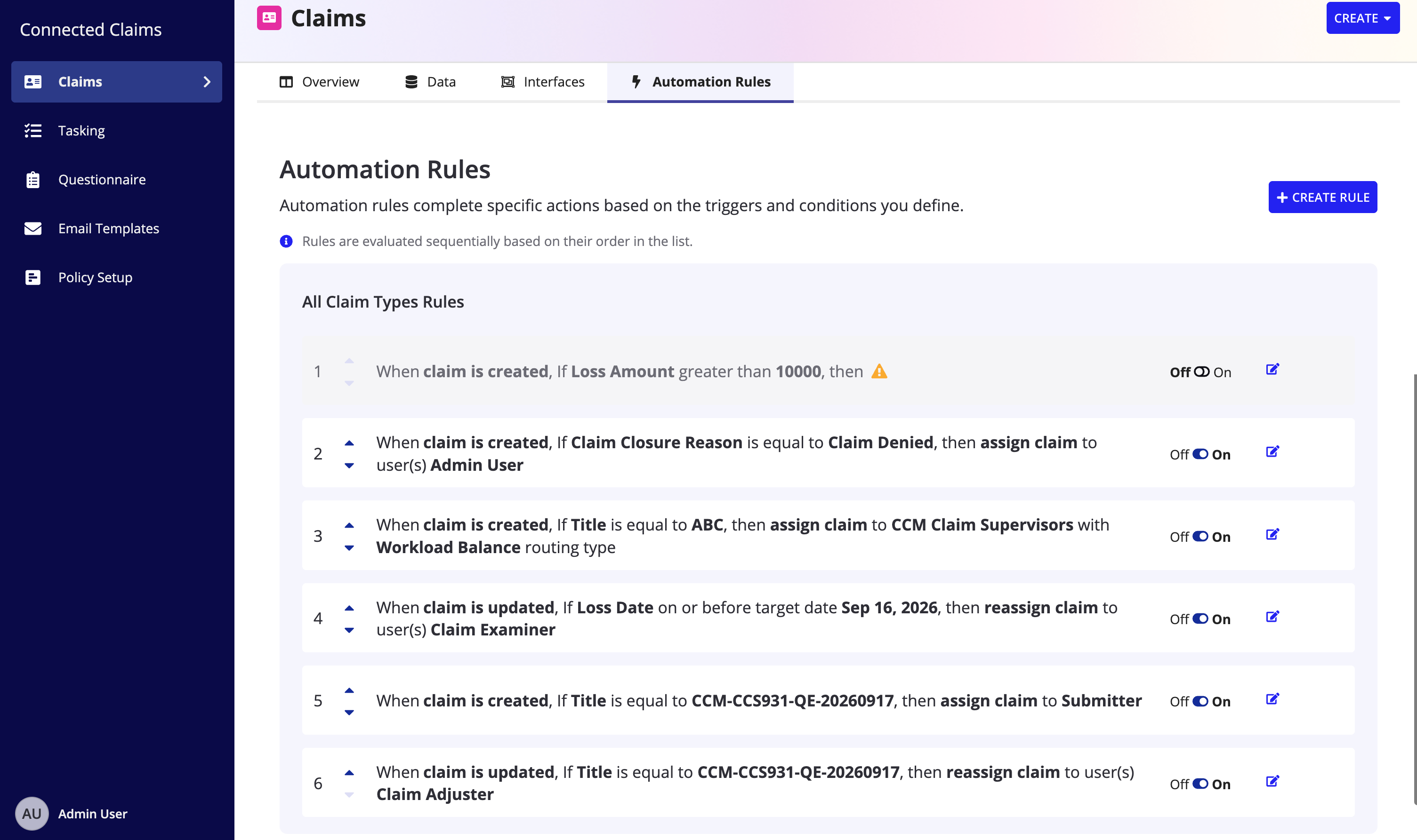 The Automation Rules tab under Claims, showing the All Claim Types Rules list with each rule's trigger, condition, action, and on or off state