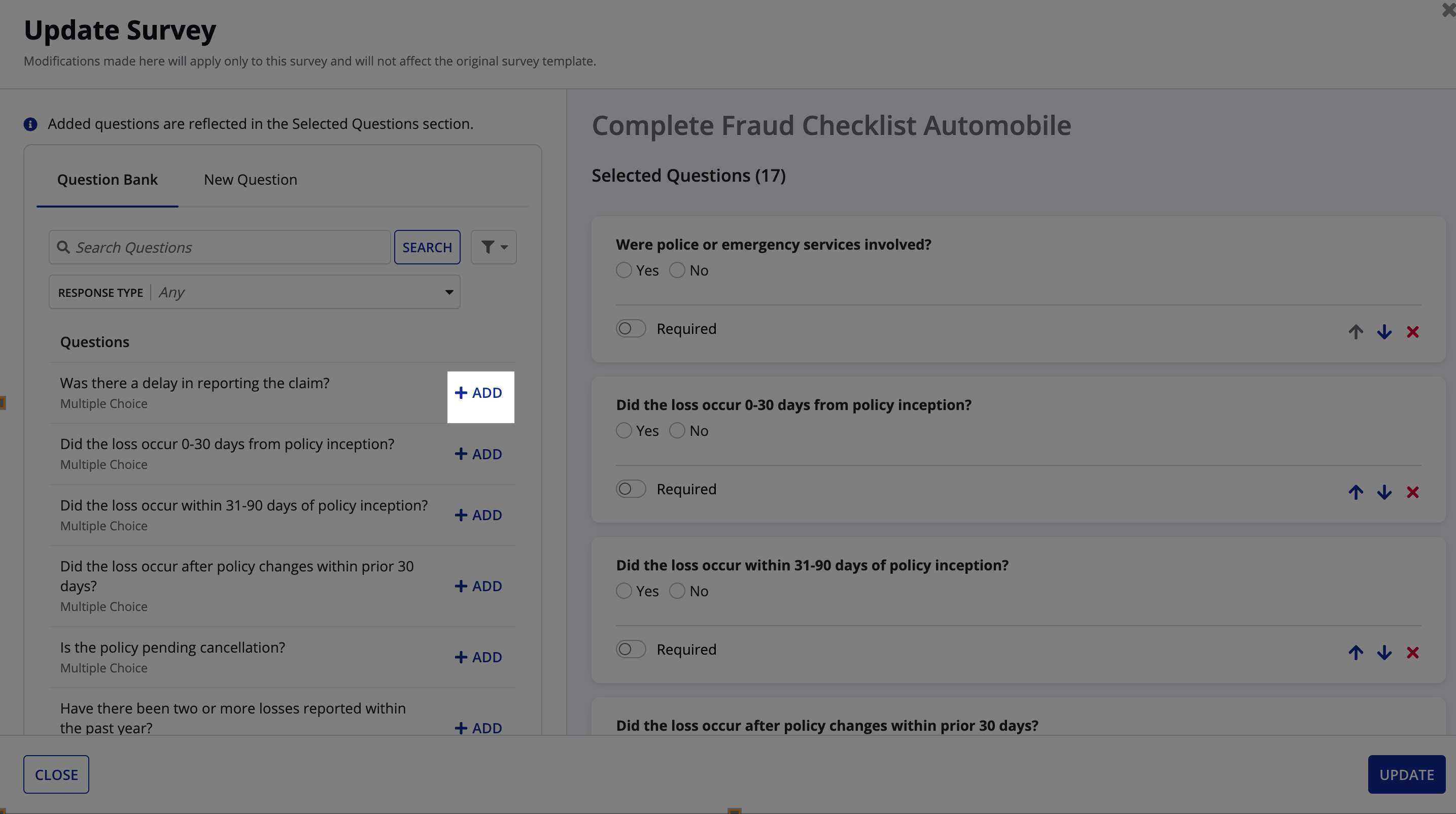 The Question Bank tab of the Update Survey dialog, with the search box, the Response Type filter, and the ADD button next to a question