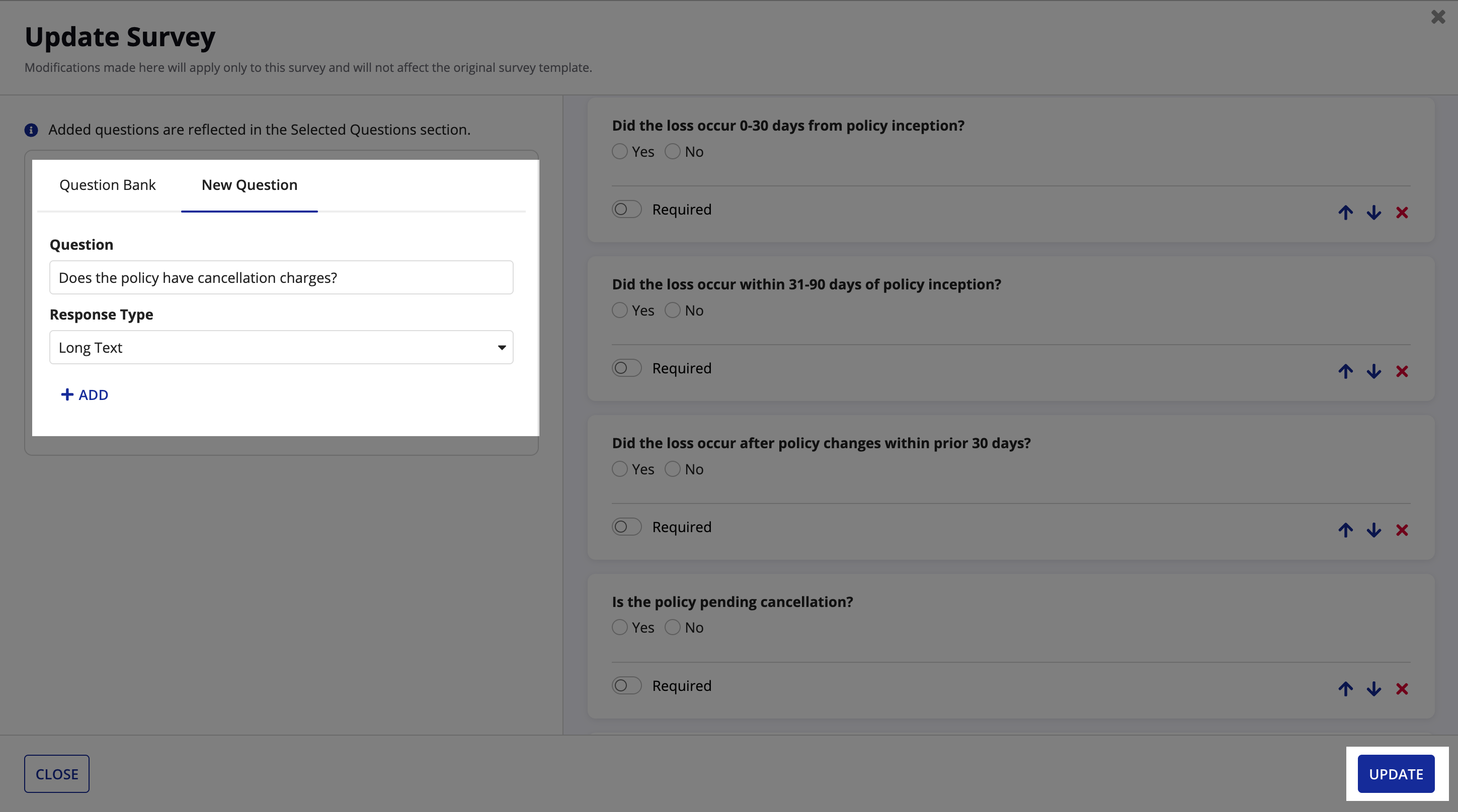 The New Question tab of the Update Survey dialog, with the Question and Response Type fields filled in