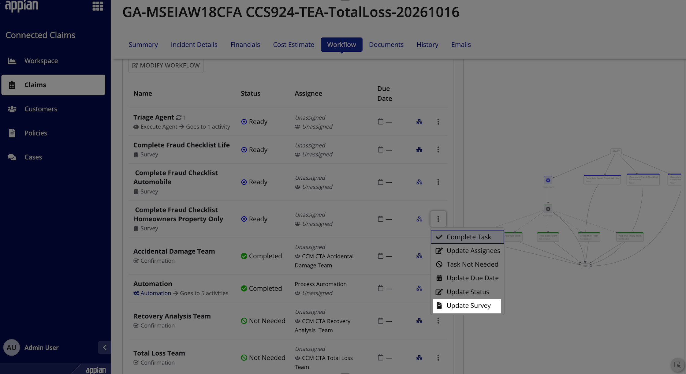 The Workflow tab of a claim with the more options menu open on a Survey task, showing the Update Survey action