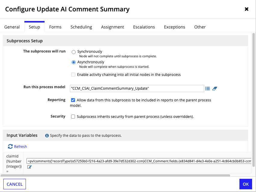 Subprocess node setup for Update AI Comment Summary