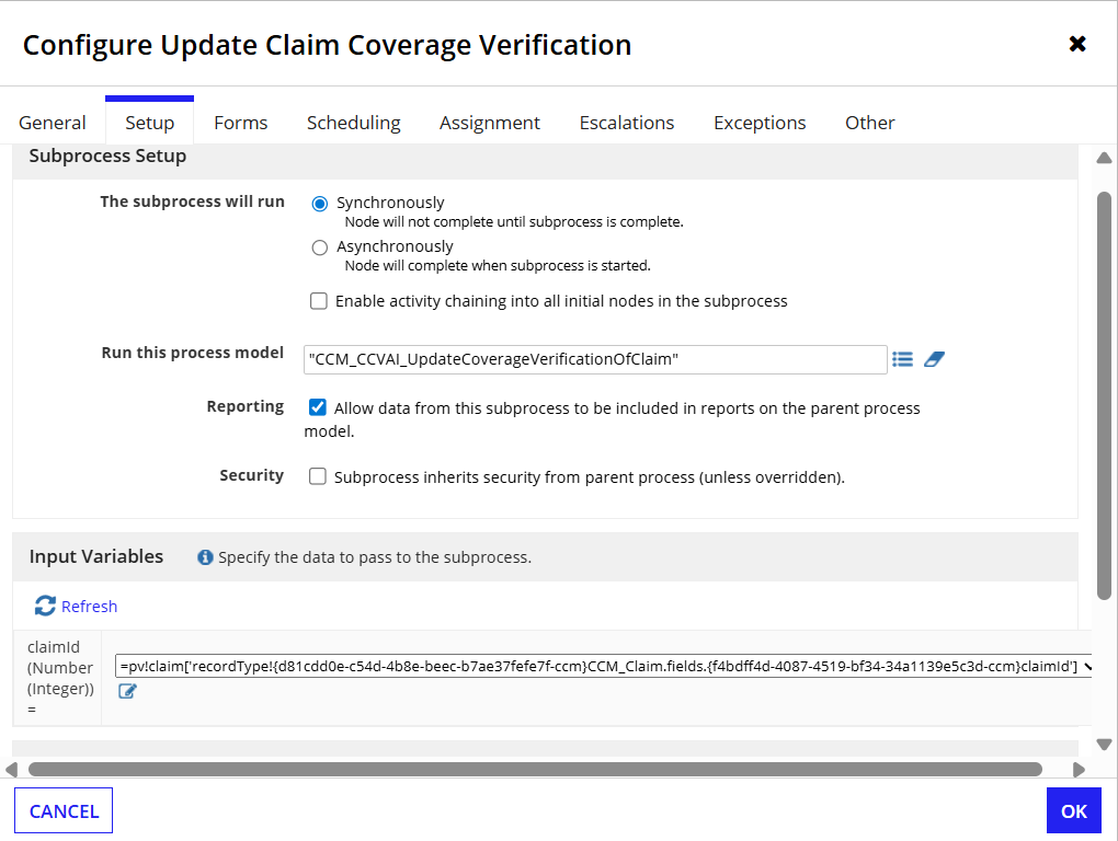 Setup tab configuration for Update Claim Coverage subprocess