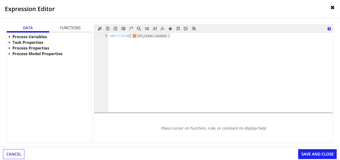 Expression editor with claimId for loss details subprocess
