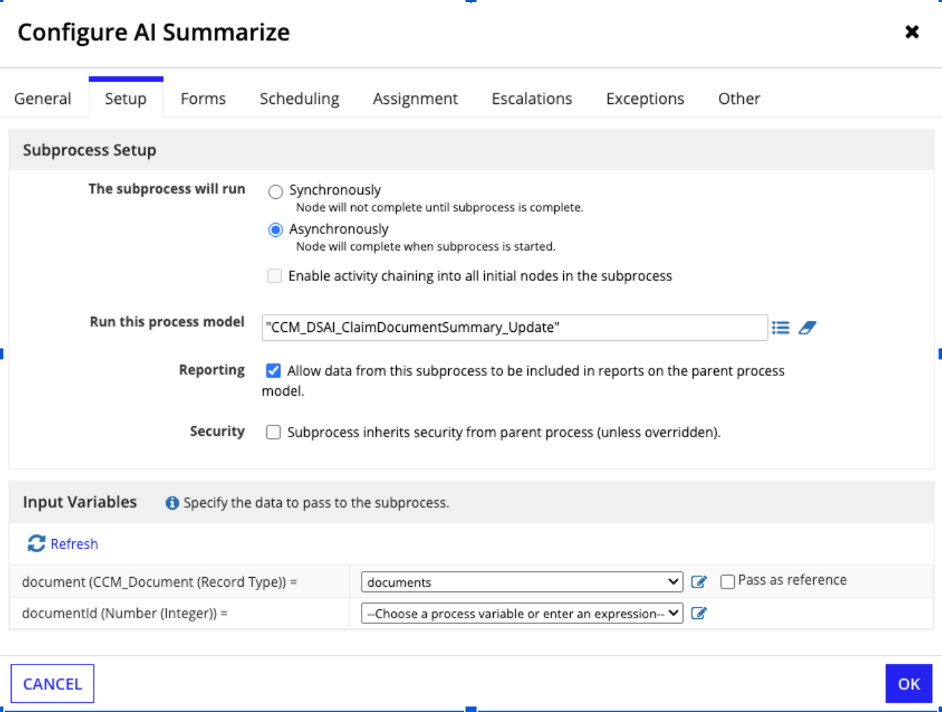 The Setup tab of the Configure AI Summarize dialog, with the subprocess set to run asynchronously, the CCM_DSAI_ClaimDocumentSummary_Update process model, and the document input variable
