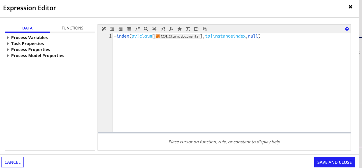 The expression editor showing the index expression for the document input variable