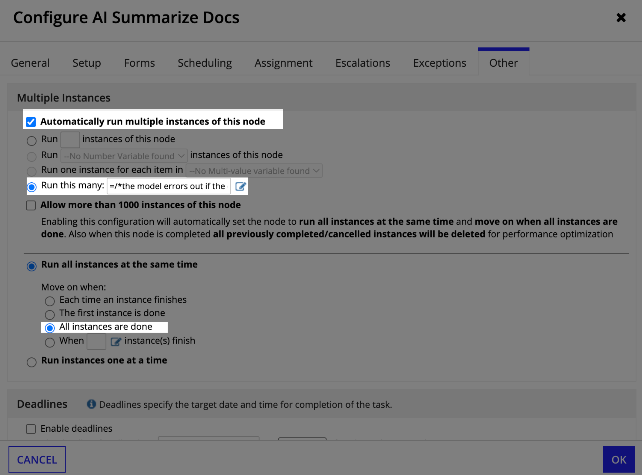 The Other tab of the Configure AI Summarize Docs dialog, with multiple instances enabled, Run this many selected, run all instances at the same time selected, and move on when all instances are done